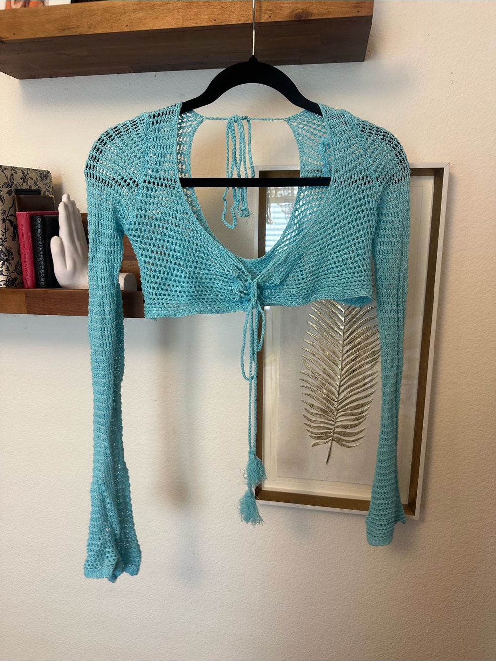 Blue Crochet Tie-Front Crop Top